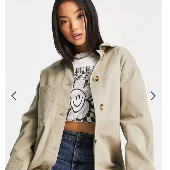 ASOS | Cotton Shacket in Light Khaki, Oversized Chore Shirt Jacket Sz. S - Picture 11 of 12